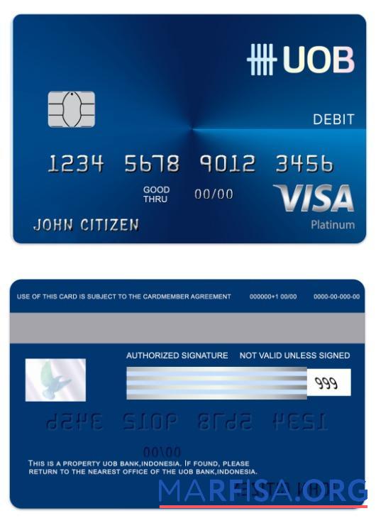 Downloadable Indonesia UOB bank visa regular debit card example